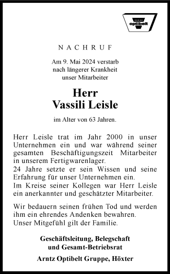 Traueranzeige von Vassili Leisle von Westfalen Blatt