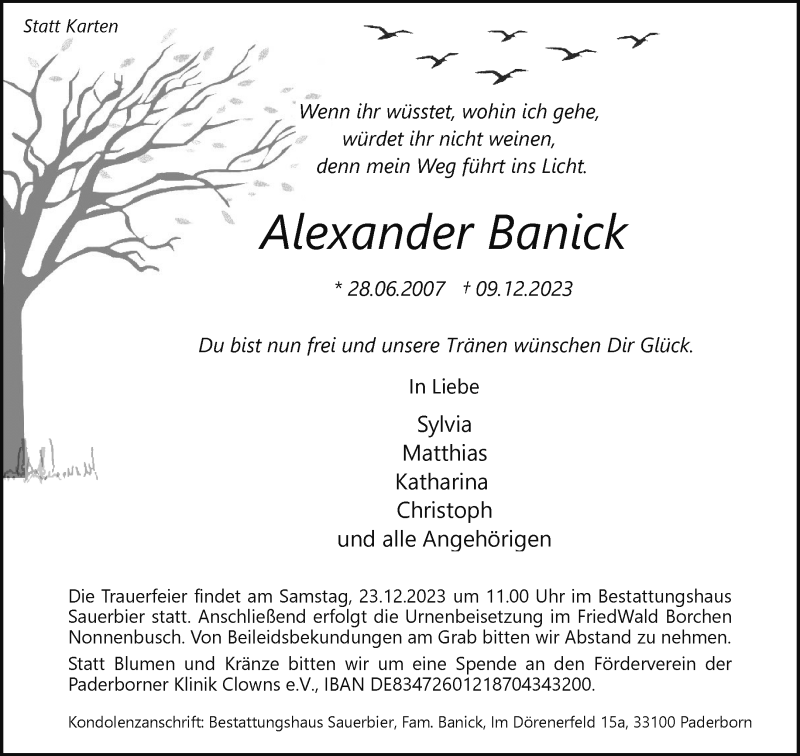  Traueranzeige für Alexander Banick vom 20.12.2023 aus Westfalen Blatt