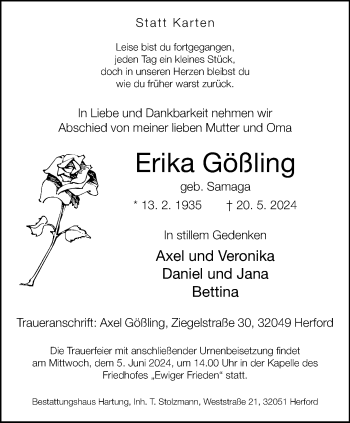 Traueranzeige von Erika Gößling von Westfalen Blatt