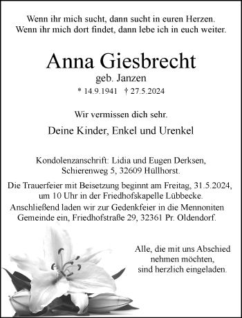 Traueranzeige von Anna Giesbrecht von Westfalen Blatt