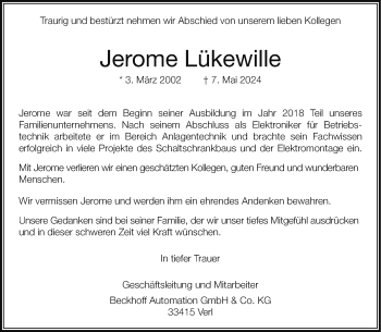 Traueranzeige von Jerome Lükewille von Westfalen Blatt