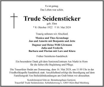 Traueranzeige von Trude Seidensticker von Westfalen Blatt