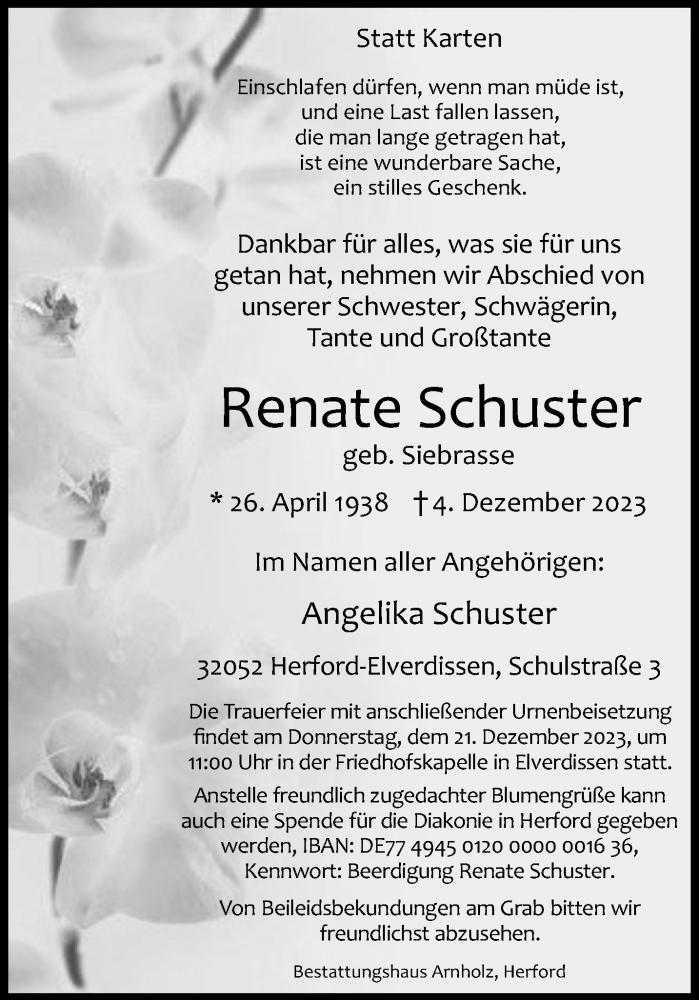 Traueranzeige für Renate Schuster vom 09.12.2023 aus Westfalen Blatt