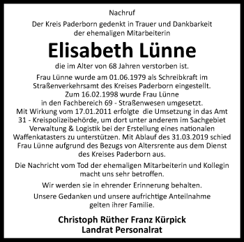 Traueranzeige von Elisabeth Lünne von Westfalen Blatt