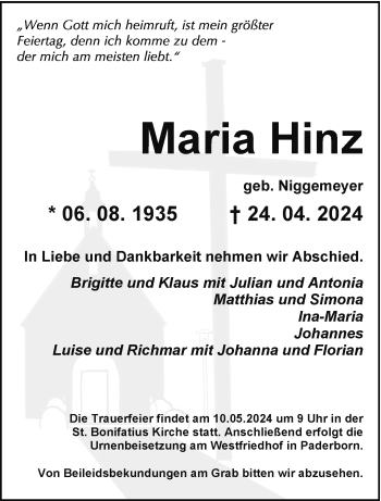 Traueranzeige von Maria Hinz von Westfalen Blatt