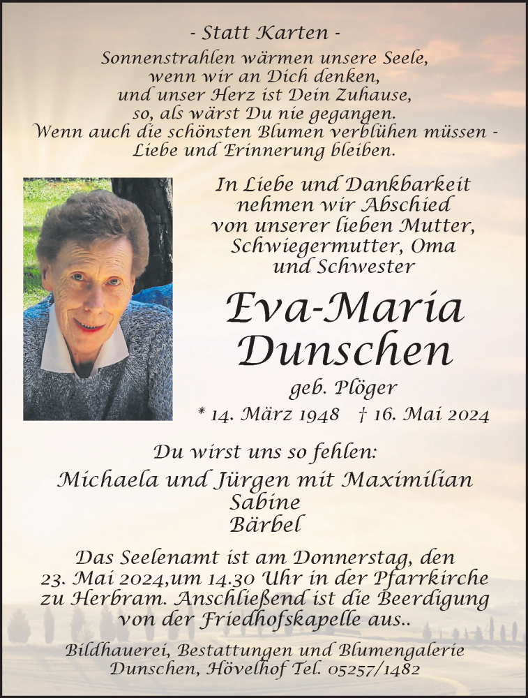  Traueranzeige für Eva-Maria Dunschen vom 18.05.2024 aus Westfalen Blatt