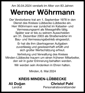 Traueranzeige von Werner Wöhrmann von Westfalen Blatt