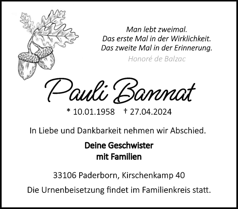  Traueranzeige für Pauli Bannat vom 04.05.2024 aus Westfalen Blatt