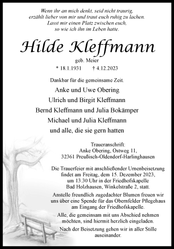 Traueranzeige von Hilde Kleffmann von Westfalen Blatt