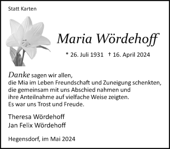 Traueranzeige von Maria Wördehoff von Westfalen Blatt