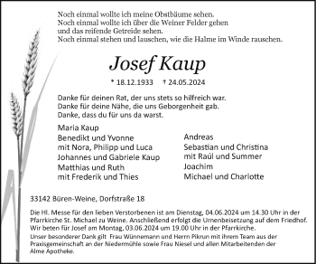 Traueranzeige von Josef Kaup von Westfalen Blatt