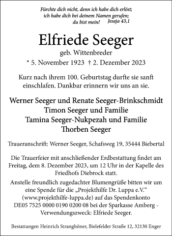 Traueranzeige von Elfriede Seeger von Westfalen Blatt