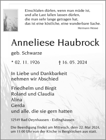 Traueranzeige von Anneliese Haubrock von Westfalen Blatt