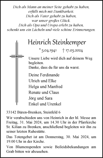 Traueranzeige von Heinrich Steinkemper von Westfalen Blatt