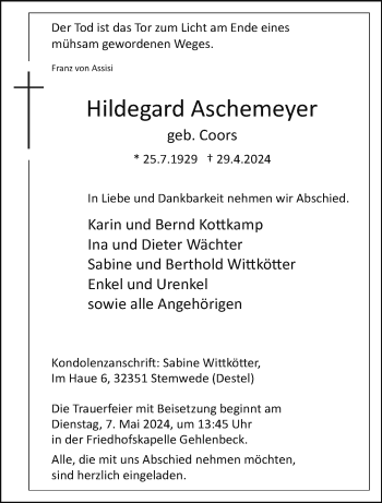 Traueranzeige von Hildegard Aschemeyer von Westfalen Blatt