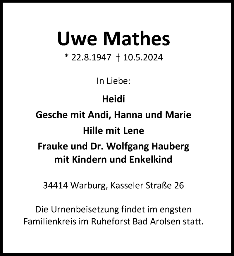  Traueranzeige für Uwe Mathes vom 14.05.2024 aus Westfalen Blatt