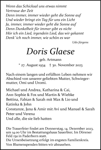 Traueranzeige von Doris Glaese von Westfalen Blatt