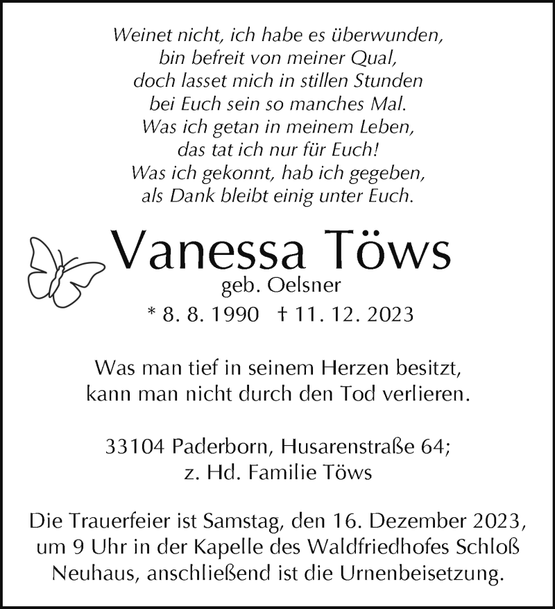  Traueranzeige für Vanessa Töws vom 13.12.2023 aus Westfalen Blatt