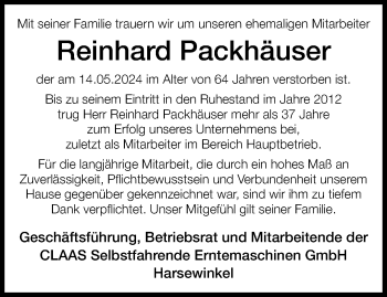 Traueranzeige von Reinhard Packhäuser von Westfalen Blatt