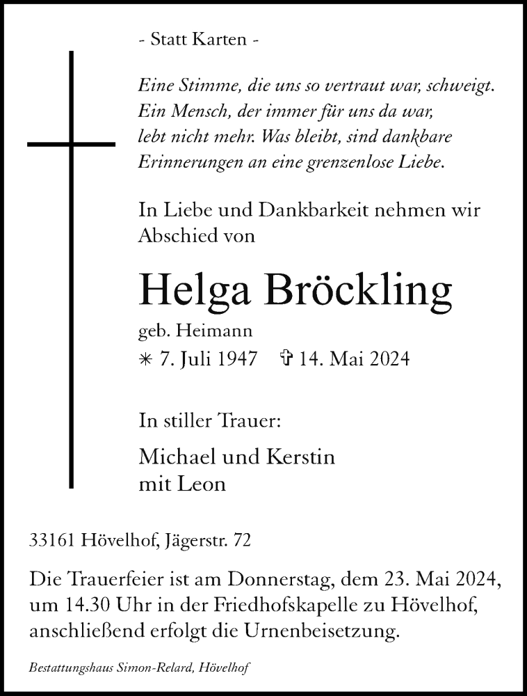  Traueranzeige für Helga Bröckling vom 18.05.2024 aus Westfalen Blatt