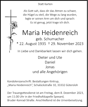 Traueranzeige von Maria Heidenreich von Westfalen Blatt