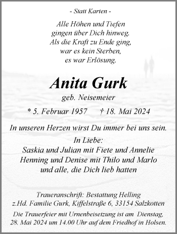 Traueranzeige von Anita Gurk von Westfalen Blatt