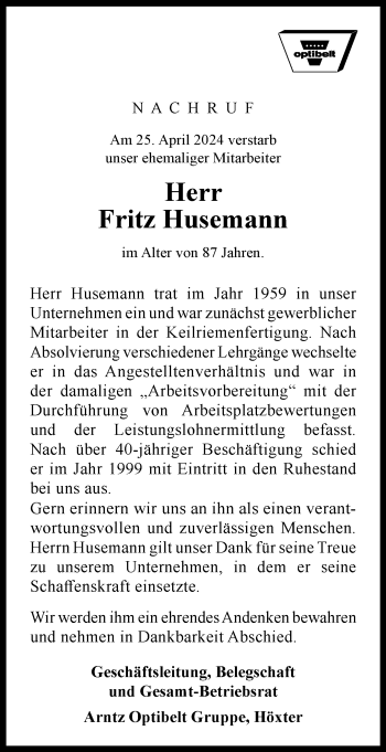 Traueranzeige von Fritz Husemann von Westfalen Blatt