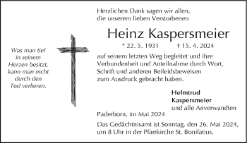 Traueranzeige von Heinz Kaspersmeier von Westfalen Blatt