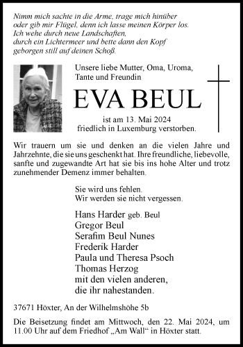 Traueranzeige von Eva Beul von Westfalen Blatt