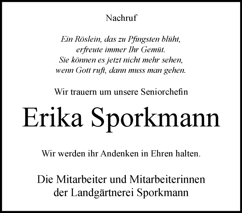  Traueranzeige für Erika Sporkmann vom 04.05.2024 aus Westfalen Blatt