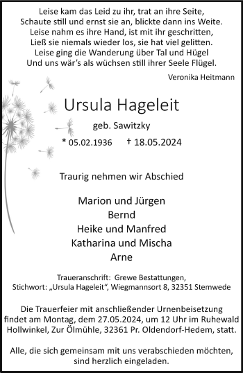 Traueranzeige von Ursula Hageleit von Westfalen Blatt