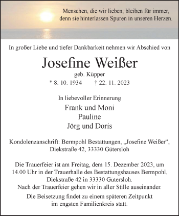 Traueranzeige von Josefine Weißer von Westfalen Blatt