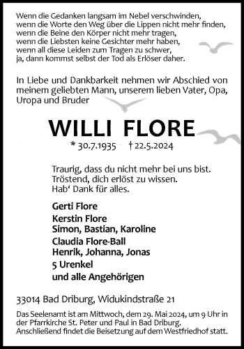 Traueranzeige von Willi Flore von Westfalen Blatt