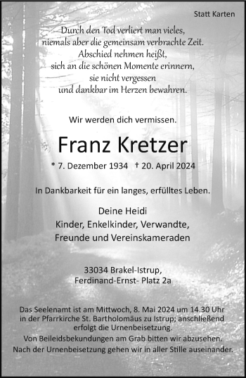 Traueranzeige von Franz Kretzer von Westfalen Blatt