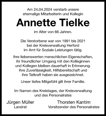 Traueranzeige von Annette Tielke von Westfalen Blatt