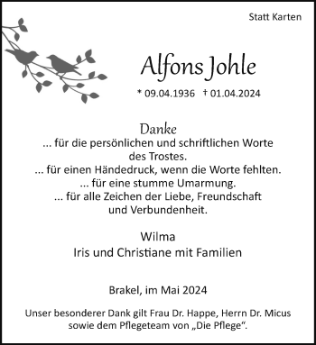 Traueranzeige von Alfons Johle von Westfalen Blatt