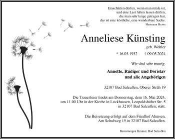 Traueranzeige von Anneliese Künsting von Westfalen Blatt