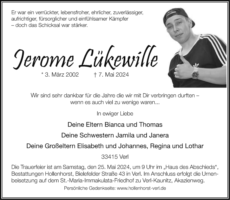  Traueranzeige für Jerome Lükewille vom 18.05.2024 aus Westfalen Blatt