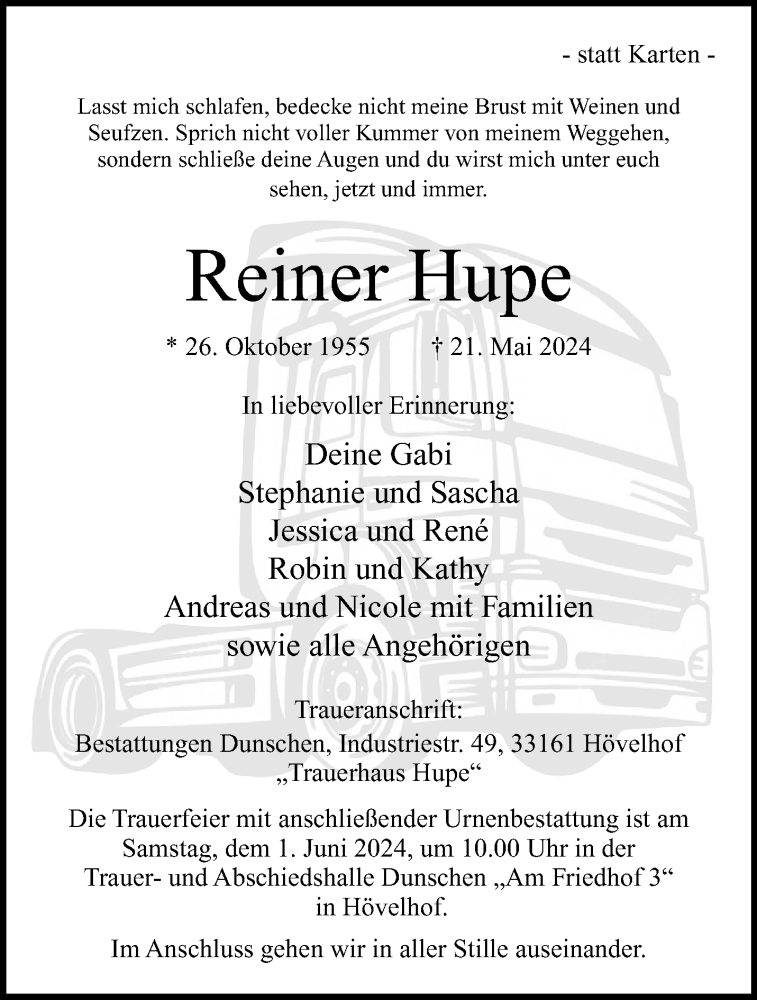  Traueranzeige für Reiner Hupe vom 25.05.2024 aus Westfalen Blatt