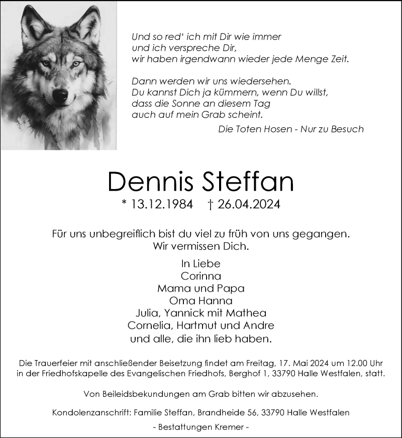  Traueranzeige für Dennis Steffan vom 03.05.2024 aus Westfalen Blatt