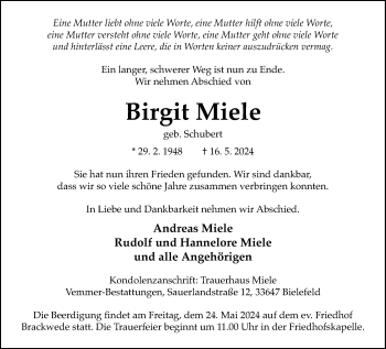 Traueranzeige von Birgit Miele von Westfalen Blatt