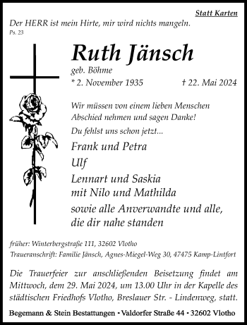 Traueranzeige von Ruth Jänsch von Westfalen Blatt