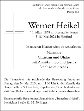 Traueranzeige von Werner Heikel von Westfalen Blatt