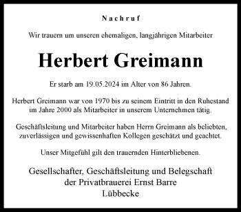 Traueranzeige von Herbert Greimann von Westfalen Blatt