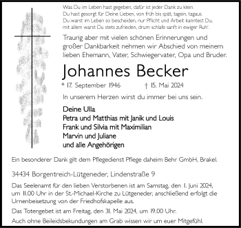 Traueranzeige von Johannes Becker von Westfalen Blatt