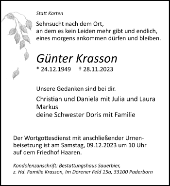 Traueranzeige von Günter Krasson von Westfalen Blatt