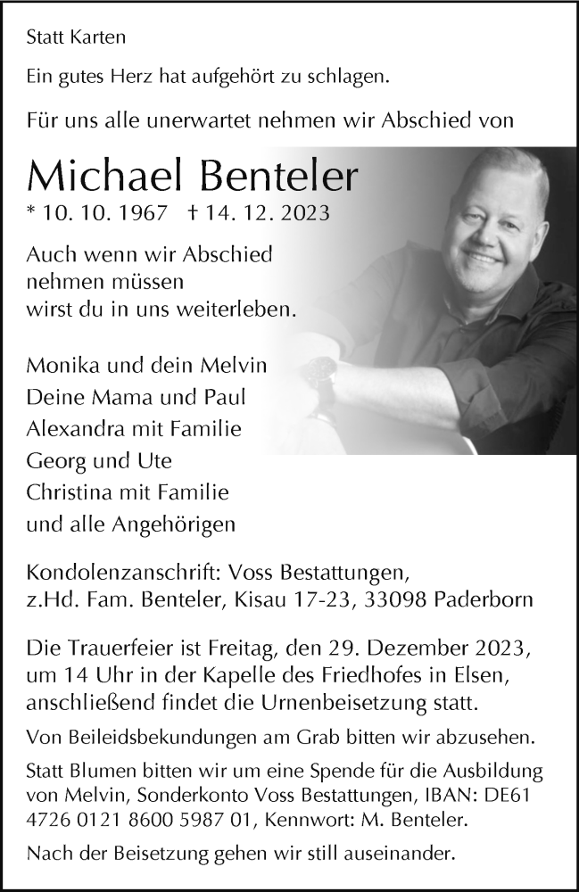  Traueranzeige für Michael Benteler vom 20.12.2023 aus Westfalen Blatt