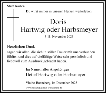 Traueranzeige von Doris Hartwig Oder Harbsmeyer von Westfalen Blatt