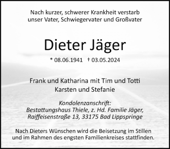 Traueranzeige von Dieter Jäger von Westfalen Blatt