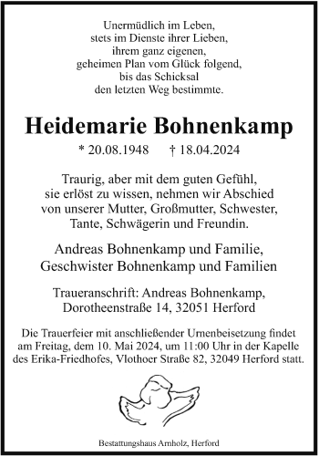 Traueranzeige von Heidemarie Bohnenkamp von Westfalen Blatt